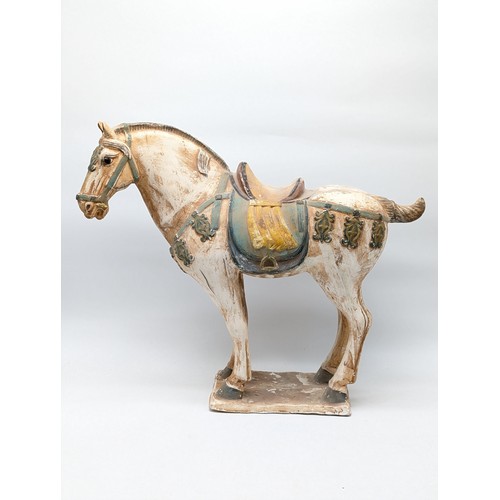 50B - Large & Impressive Chinese Pottery Tang Style Horse / Saddle Polychrome Decoration on A Rectangular ... 