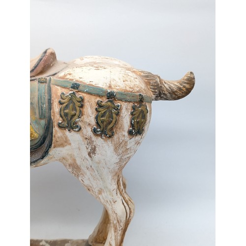 50B - Large & Impressive Chinese Pottery Tang Style Horse / Saddle Polychrome Decoration on A Rectangular ... 