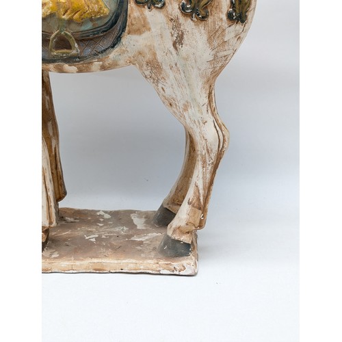 50B - Large & Impressive Chinese Pottery Tang Style Horse / Saddle Polychrome Decoration on A Rectangular ... 