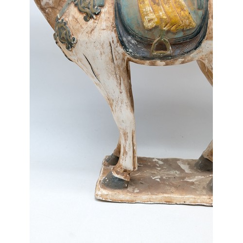 50B - Large & Impressive Chinese Pottery Tang Style Horse / Saddle Polychrome Decoration on A Rectangular ... 