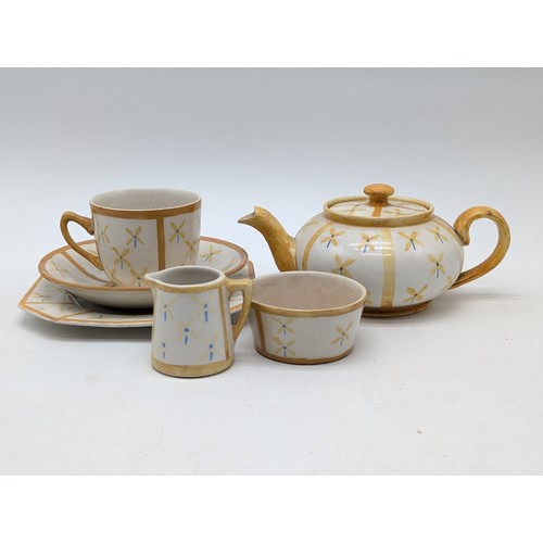 49C - Unusual Art Deco Yellow / White Floral Tea Service For One - Wonderfully Hand Decorated 6 Pcs Total ... 