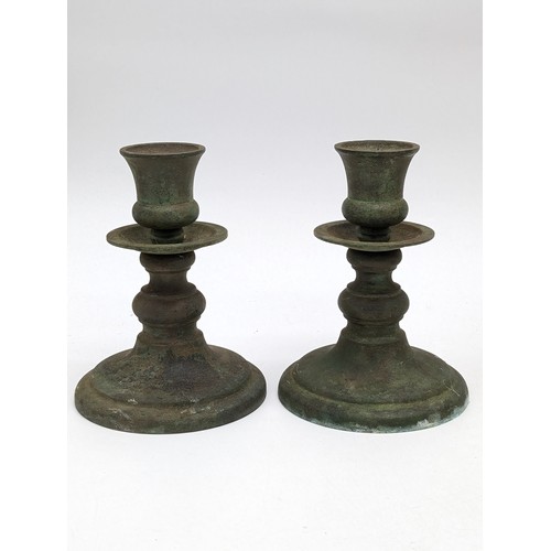 188B - Large Metal Tang Style Horse on Wooden Plinth Base, Along With Two Antique Bronze Candlesticks 8x6