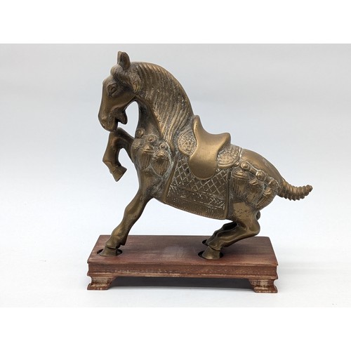 188B - Large Metal Tang Style Horse on Wooden Plinth Base, Along With Two Antique Bronze Candlesticks 8x6