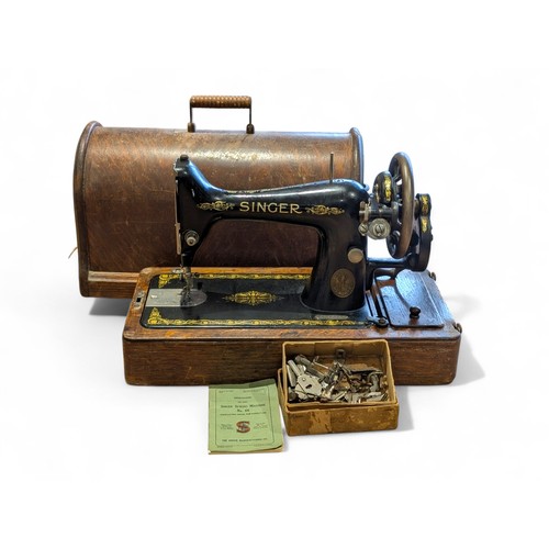 230A - Singer Model 66 Hand Crank Sewing Machine, With Original Case, Accessories, Manual and Key