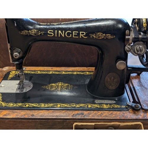 230A - Singer Model 66 Hand Crank Sewing Machine, With Original Case, Accessories, Manual and Key