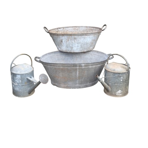 47G - Good Galvanized Group - Two Large Handled Garden Washtub 30x75cm Largest, Plus Two Galvanized 2 1/2 ... 