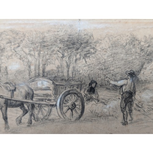 136I - Excellent Pencil On Paper - Horse Wagon and Farm Scene - Signed Flint In Pencil Lower Right 22x9cm