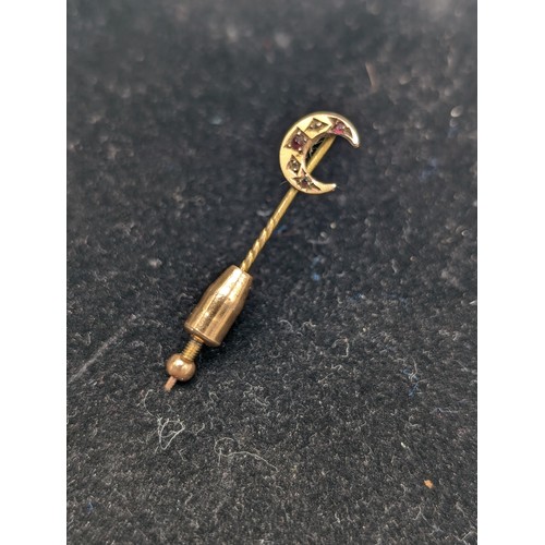 468A - Antique Likely Victorian Yellow Metal & Ruby Stick Pin in the Form of a Crescent Moon 2.04g