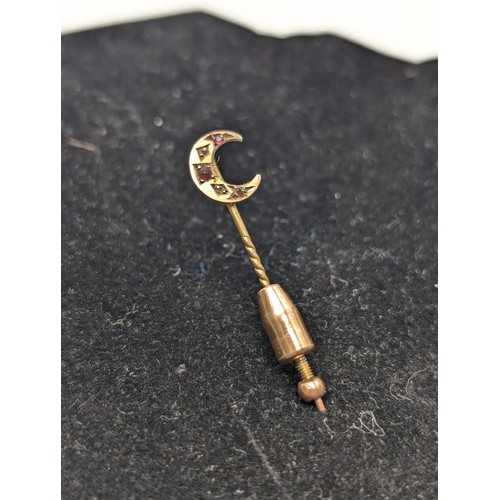 468A - Antique Likely Victorian Yellow Metal & Ruby Stick Pin in the Form of a Crescent Moon 2.04g