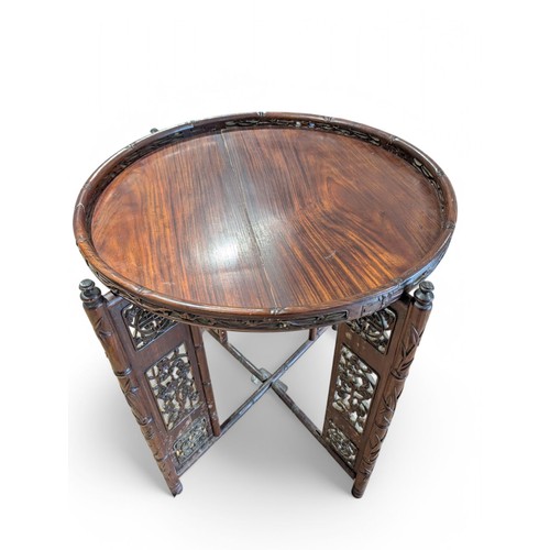 9 - Large Excellent Hardwood, Likely Rosewood Oriental Tray Table, With Ornately Carved Panels, Bamboo C... 