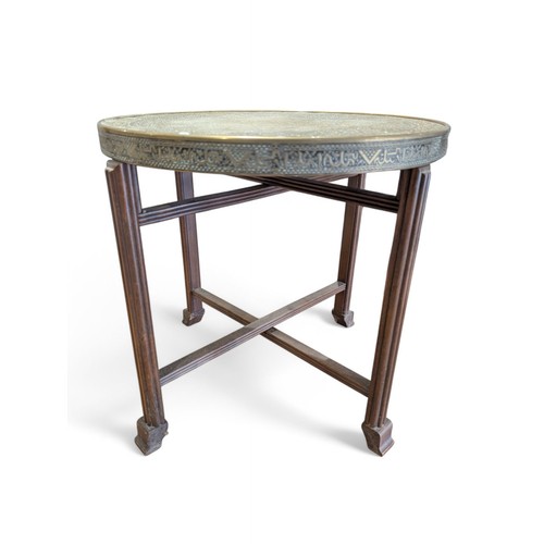 10 - Early 20C Asian Brass Topped Occasional Folding Table, Ornately Decorated Brass Table Top 60x55cm