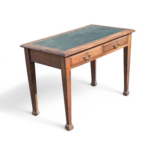 19 - Antique English Oak Leather Baize Writing Desk With Two Drawers On Squared Tapered Feet 120x73cm