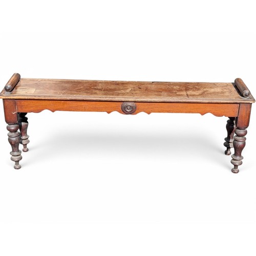 20 - Mid 19th Centiry Mahogany Window Seat / Hall Bench, Long Rectangular top With Scroll Ends Over a sha... 