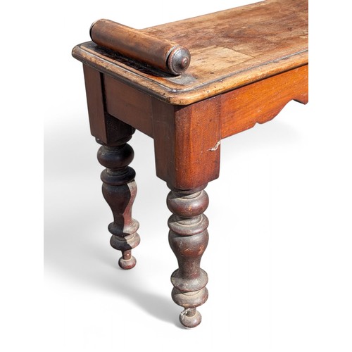 20 - Mid 19th Centiry Mahogany Window Seat / Hall Bench, Long Rectangular top With Scroll Ends Over a sha... 