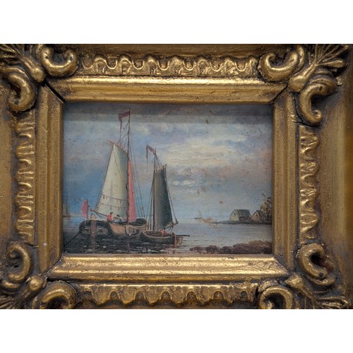 31 - Pair Ornately Gilt Framed Oil On Panel Paintings Depicting Nautical Scenes - 20x18cm