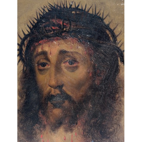 33 - Extraordinary Oak Panel Original Religious Oil Painting - Depicting Thorn Crowned Christ - Some Area... 
