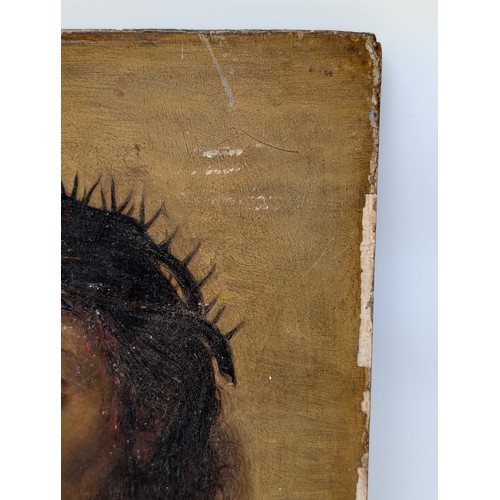 33 - Extraordinary Oak Panel Original Religious Oil Painting - Depicting Thorn Crowned Christ - Some Area... 