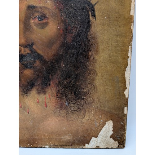 33 - Extraordinary Oak Panel Original Religious Oil Painting - Depicting Thorn Crowned Christ - Some Area... 