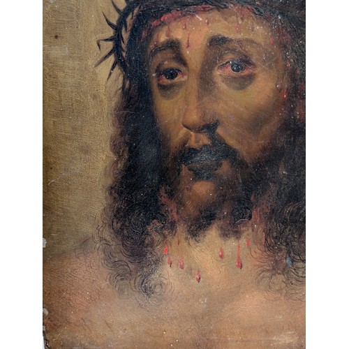 33 - Extraordinary Oak Panel Original Religious Oil Painting - Depicting Thorn Crowned Christ - Some Area... 