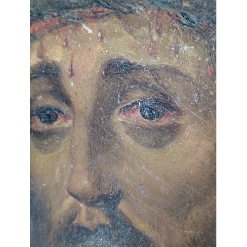 33 - Extraordinary Oak Panel Original Religious Oil Painting - Depicting Thorn Crowned Christ - Some Area... 
