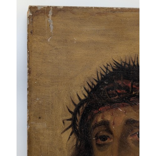 33 - Extraordinary Oak Panel Original Religious Oil Painting - Depicting Thorn Crowned Christ - Some Area... 