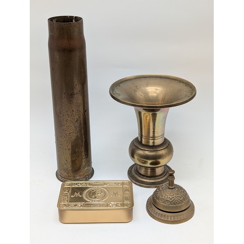 102 - Good Metalware Group Including; Antique Countertop Bell, Large Solid Brass Floral Stand, Reproductio... 