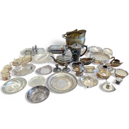 104 - Large Metalware Group; Mostly Silver Plate Including Mappin & Webb & Unity Plate Plus Brass Scuttle ... 