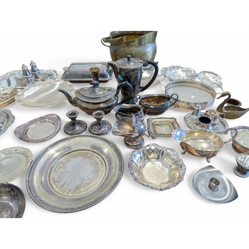 104 - Large Metalware Group; Mostly Silver Plate Including Mappin & Webb & Unity Plate Plus Brass Scuttle ... 