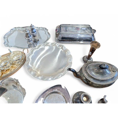 104 - Large Metalware Group; Mostly Silver Plate Including Mappin & Webb & Unity Plate Plus Brass Scuttle ... 