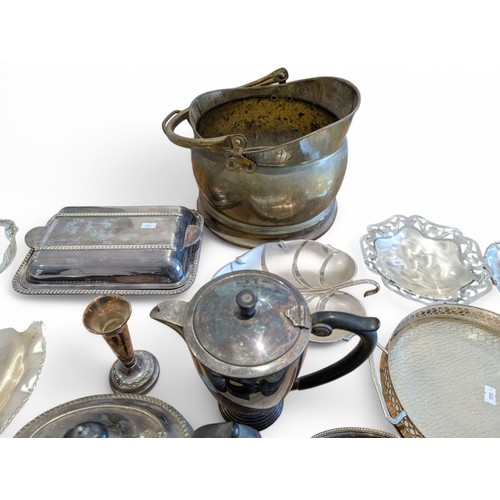 104 - Large Metalware Group; Mostly Silver Plate Including Mappin & Webb & Unity Plate Plus Brass Scuttle ... 