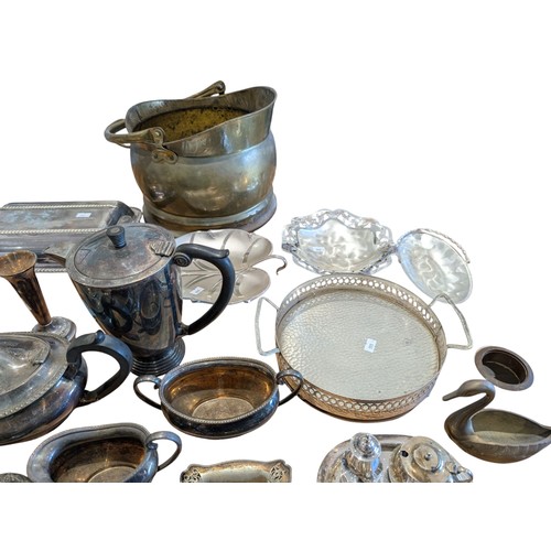 104 - Large Metalware Group; Mostly Silver Plate Including Mappin & Webb & Unity Plate Plus Brass Scuttle ... 