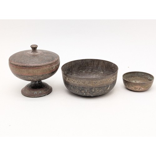 106 - Trio Islamic Brass Containers & Bowls Largest 5
