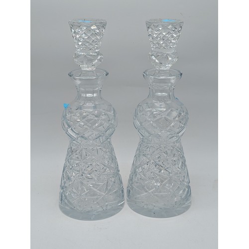 130 - Good Pair Bohemian Cut Glass Thistle Shaped Decanters, 13