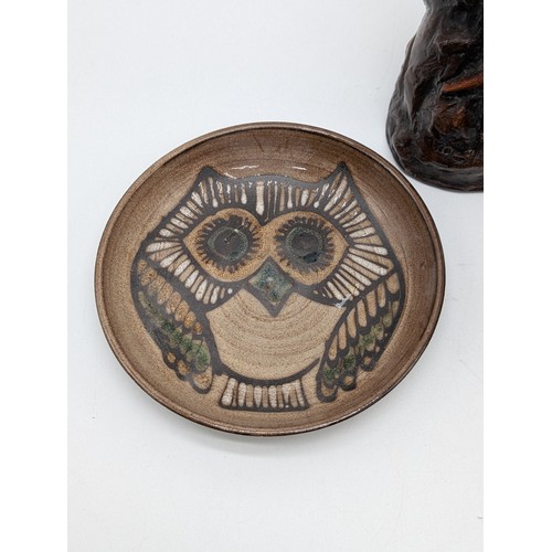 133 - Vintage Sylvac Owl Money Box Plus Wellhouse Pottery Owl Design Plate & Large 10