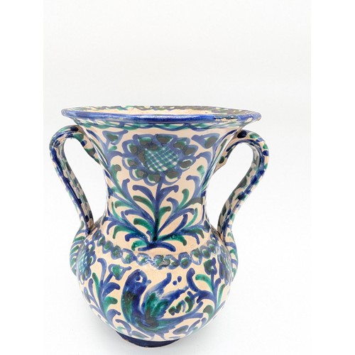 135 - Impressive Arable San Isidro Large Spanish Two Handled Vase, With Hand Painted Floral / Birds 8x7
