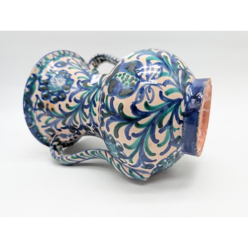 135 - Impressive Arable San Isidro Large Spanish Two Handled Vase, With Hand Painted Floral / Birds 8x7
