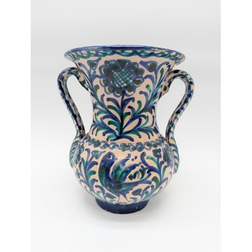 135 - Impressive Arable San Isidro Large Spanish Two Handled Vase, With Hand Painted Floral / Birds 8x7