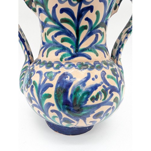 135 - Impressive Arable San Isidro Large Spanish Two Handled Vase, With Hand Painted Floral / Birds 8x7