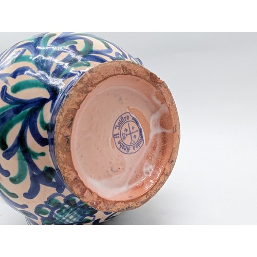 135 - Impressive Arable San Isidro Large Spanish Two Handled Vase, With Hand Painted Floral / Birds 8x7