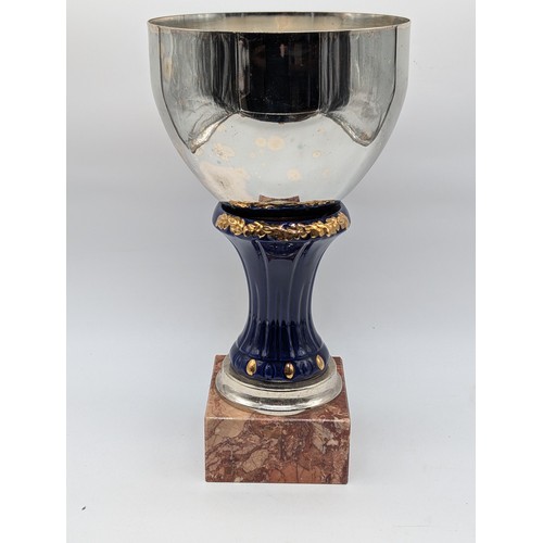 137 - Large Vintage Marble Based With Cobalt Blue / Gilt Trophy Award Cup - Cup Marked Argentata 1000/1000... 