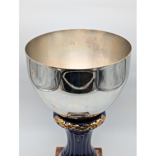 137 - Large Vintage Marble Based With Cobalt Blue / Gilt Trophy Award Cup - Cup Marked Argentata 1000/1000... 