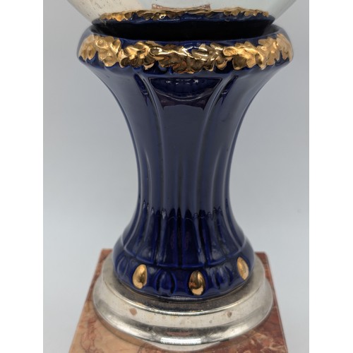 137 - Large Vintage Marble Based With Cobalt Blue / Gilt Trophy Award Cup - Cup Marked Argentata 1000/1000... 