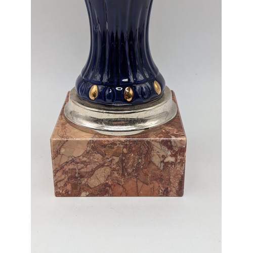 137 - Large Vintage Marble Based With Cobalt Blue / Gilt Trophy Award Cup - Cup Marked Argentata 1000/1000... 