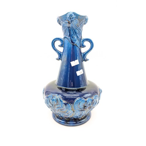 138 - Japanese Awaji Pottery Blue Glazed Two Handled Vase, In Excellent Condition With Early Awaji Mark to... 