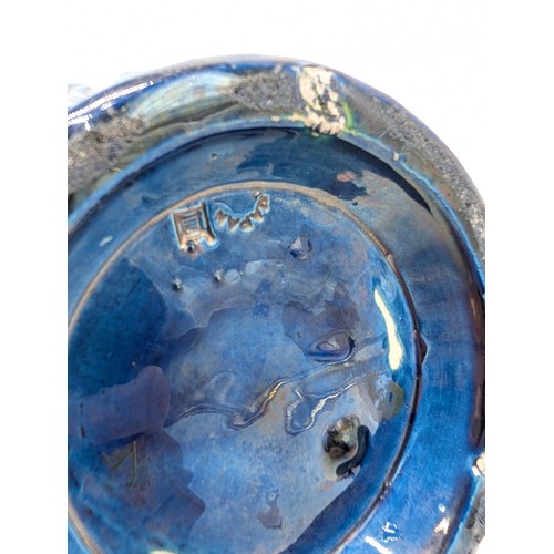 138 - Japanese Awaji Pottery Blue Glazed Two Handled Vase, In Excellent Condition With Early Awaji Mark to... 