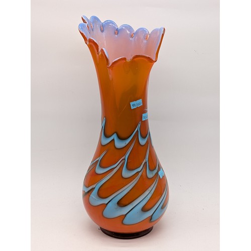148 - Large Hand Blown Orange Ground With Swirl Blue Flecks and Decorative Form Vase  - Pontil Intact Unsi... 