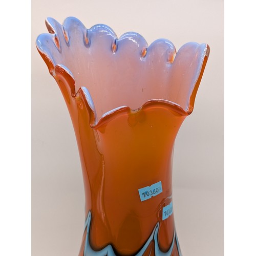 148 - Large Hand Blown Orange Ground With Swirl Blue Flecks and Decorative Form Vase  - Pontil Intact Unsi... 
