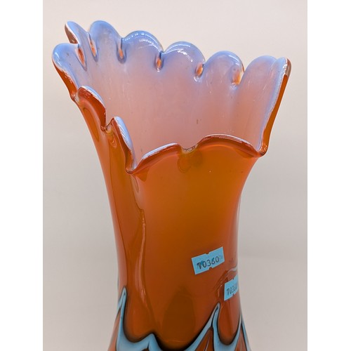 148 - Large Hand Blown Orange Ground With Swirl Blue Flecks and Decorative Form Vase  - Pontil Intact Unsi... 