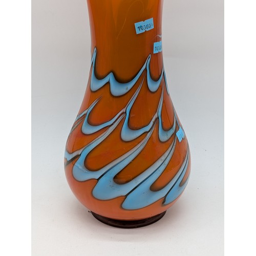 148 - Large Hand Blown Orange Ground With Swirl Blue Flecks and Decorative Form Vase  - Pontil Intact Unsi... 