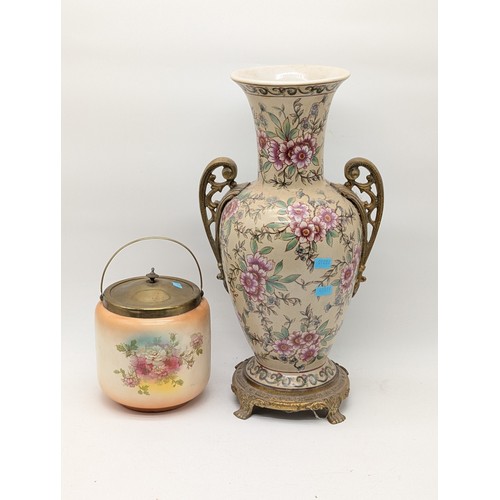 149 - Large Two Handled Floral Decorated Vase With Brass Handles & Base Plus Floral Ceramic Biscuit Barrel... 
